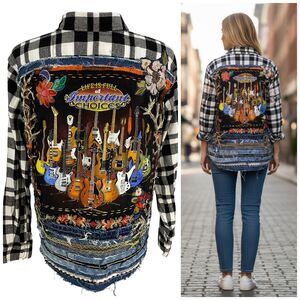 Upcycled Flannel Jacket Shacket Mens XL Guitar Music Embroidered Festival OOAK